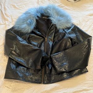Black Shimmery Faux Leather Jacket with Light Blue Faux Fur Collar